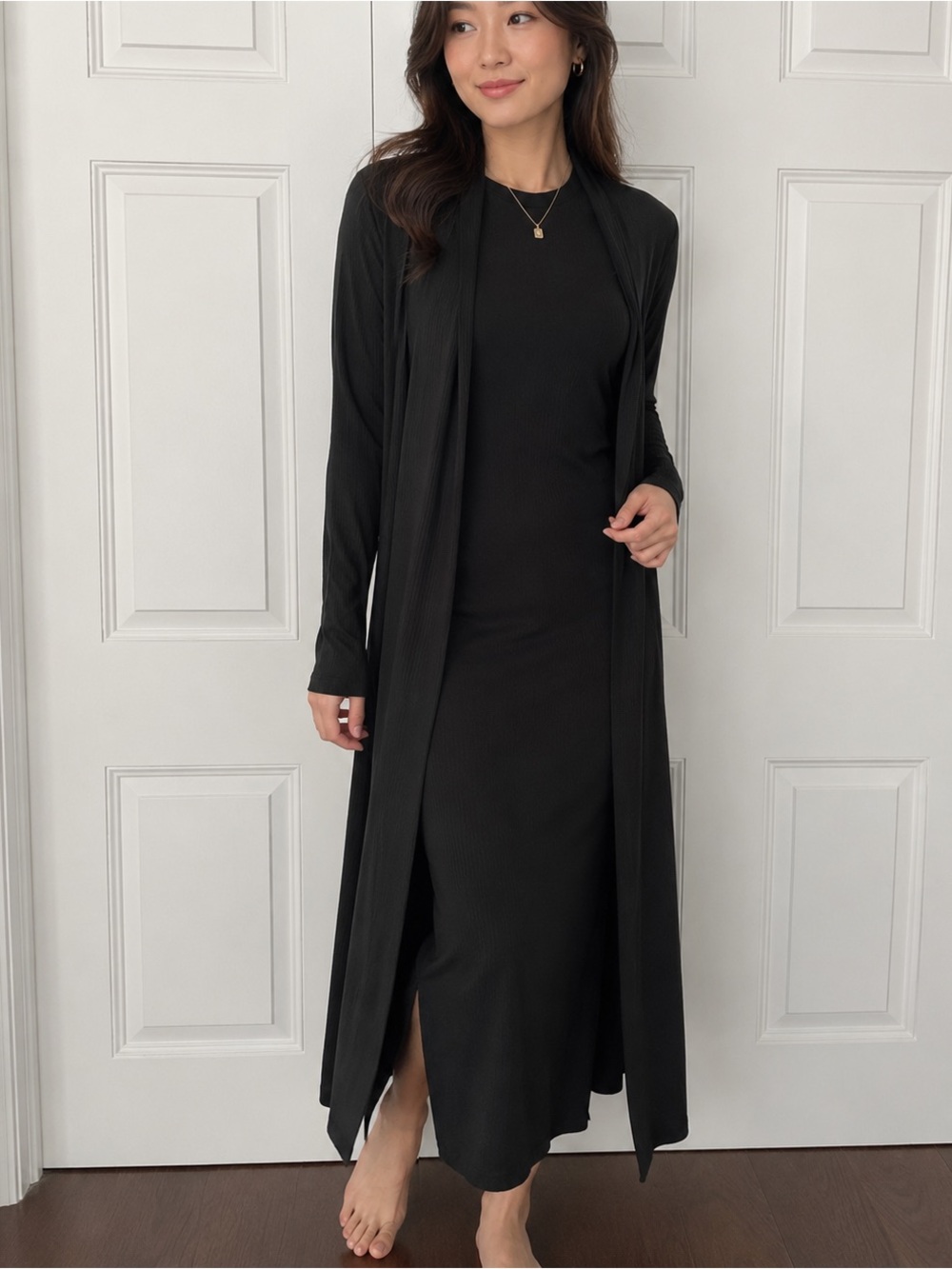 Long Black Open-Front Maxi cardigan with Long Sleeves